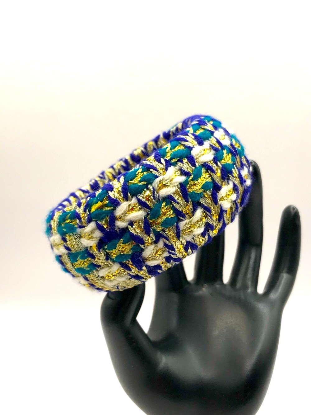 Von Maur Handwoven Blue, Teal & Gold Crochet Bracelet